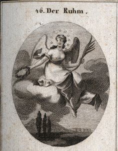 Alegoría de la gloria en una nube. Ella sostiene una palma y presenta coronas de laurel con las que recompensa a sus favoritos. Sus alas marcan su elevación. Grabado en “Iconologie oder Ideen aus dem Gebiete der Leidenschaften und Allegorien bildich darges de Austrian School