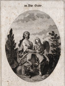 Alegoría de la bondad representada por una belleza noble y abundante mirando al cielo con amor. El pelícano simboliza la caridad, el perro la fidelidad y el cordero, la dulzura. Grabado en “Iconologie oder Ideen aus dem Gebiete der Leidenschaften und Alleg de Austrian School