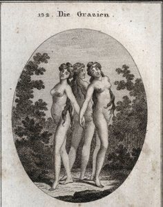 Alegoría de las gracias. Las tres gracias: Eufrosina significando alegría y contento, Aglaya simbolizando belleza imponente y Talía deleite. Grabado en "Iconologie oder Ideen aus dem Gebiete der Leidenschaften und Allegorien" de Austrian School