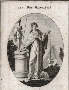 Alegoría de la gravedad. La cadena de oro a la que está unido un papel simboliza la confianza. La columna y la estatua significan la conservación de acciones gloriosas y la piedra denota la ponderación. Grabado en “Iconologie oder Ideen aus dem Gebiete der de Austrian School