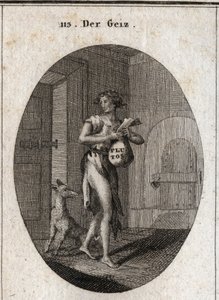 Alegoría de la avaricia representada en harapos con una cadena de oro que le sirve de cinturón, lo que enfatiza que la posesión de bienes la hace esclava hasta el punto de rechazar las necesidades. En la bolsa está el nombre Plutón, dios de la riqueza en l