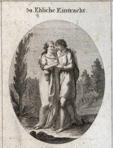 Alegoría de la armonía en el matrimonio. Una pareja se besa, una cadena de oro cuelga alrededor de su cuello y un corazón que sostienen cada uno con una mano. Grabado en 