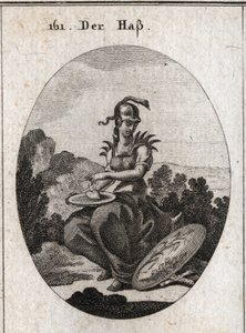 Alegoría del odio. Su coraza está coronada con puntas de hierro, su casco rodeado de un áspid y sostiene una palangana sobre la cual hay un corazón que rocía con hiel. Su atributo es un escudo en el que se representan una planta de junco y un helecho, ambo de Austrian School