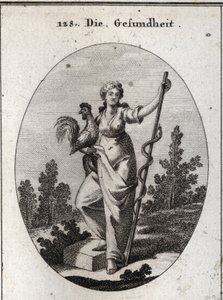 Alegoría de la salud representada por una mujer fuerte que sostiene un gallo, animal consagrado a Esculapio, dios de la medicina. Ella sostiene un bastón alrededor del cual hay una serpiente (decidua), animal menos propenso a enfermedades. Grabado en “Icon de Austrian School