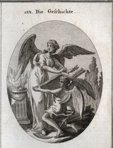 Alegoría de la historia. Sus acciones de escuchar y escribir en un gran libro sostenido por el tiempo significan la acción de informarse para retranscribir la memoria de cosas pasadas. Grabado en “Iconologie oder Ideen aus dem Gebiete der Leidenschaften un de Austrian School