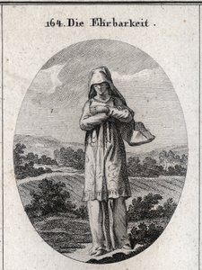 Alegoría de la honestidad. Sus ojos están cubiertos por un velo que oculta la mitad de su rostro porque los ojos son el espejo del alma y el primer sentido por el cual se corrompe. Grabado en “Iconologie oder Ideen aus dem Gebiete der Leidenschaften und Al