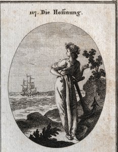 Alegoría de la esperanza descansando en un ancla y observando un barco en el horizonte. Grabado en "Iconologie oder Ideen aus dem Gebiete der Leidenschaften und Allegorien" de Austrian School