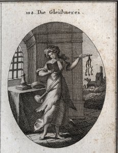 Alegoría de la hipocresía sosteniendo un libro de oraciones y disciplina (rápido, látigo). La trompeta que lleva en el hombro marca que publica sus buenas obras con énfasis. Grabado en "Iconologie oder Ideen aus dem Gebiete der Leidenschaften und Allegorie de Austrian School