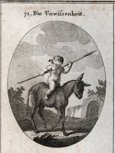 Alegoría de la ignorancia representada por un niño montado en un burro, sus ojos vendados con una caña (simbolizando el cerebro vacío). Grabado en "Iconologie oder Ideen aus dem Gebiete der Leidenschaften und Allegorien bildich dargestellt fur Zeichner, Ma de Austrian School
