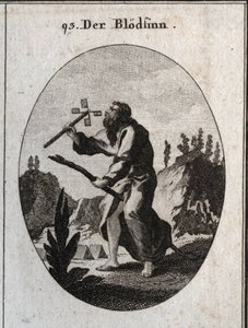 Alegoría de la imbecilidad o demencia representada por un anciano con una caña, atributo de fragilidad y vejez. Sostiene un molino de cartas que sopla para hacerlo girar. Grabado en “Iconologie oder Ideen aus dem Gebiete der Leidenschaften und Allegorien b de Austrian School