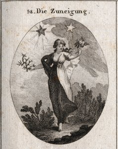 Alegoría de la inclinación. Sostiene un ramo de rosas y un ramo de espinas y parece indecisa en su elección. Detrás de ella hay una estrella brillante y beneficiosa (la de Júpiter) y una estrella oscura y dañina (la de Saturno). Grabado en “Iconologie oder de Austrian School