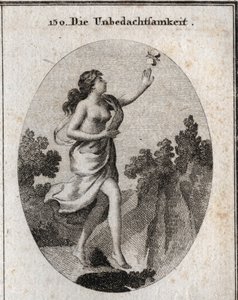 Alegoría de la inconsideración. Ella camina mirando una mariposa sin ver que hay un precipicio a sus pies. El compás y las reglas muestran que no guarda ni conoce ninguna medida. Grabado en "Iconologie oder Ideen aus dem Gebiete der Leidenschaften und Alle