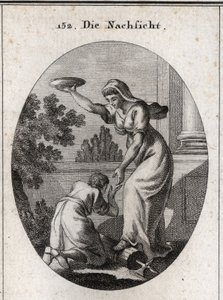Alegoría de la indulgencia. Ella pisa los haces y el hacha que los lictores llevaban entre los romanos. Ella sostiene un abrigo levantado y presenta su mano a un esclavo postrado a sus pies. Grabado en 