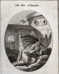 Alegoría de la infamia cubriéndose el rostro con las manos y sus atributos son dos grandes alas negras de murciélago. Grabado en “Iconologie oder Ideen aus dem Gebiete der Leidenschaften und Allegorien bildich dargestellt fur Zeichner, Mahler, Dichter, Gel