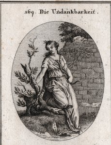 Alegoría de la ingratitud. Una mujer que calienta una serpiente en su pecho es mordida. La rama de hiedra es el símbolo de la ingratitud ya que destruye lo que le sirve de apoyo para elevarse. Grabado en “Iconologie oder Ideen aus dem Gebiete der Leidensch de Austrian School