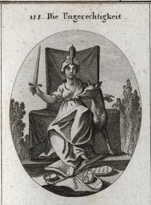 Alegoría de la injusticia. Ella sostiene una espada que levanta y a sus pies están las tablas de las leyes divinas y el libro de las voces humanas y las balanzas de la justicia que están rotas. El lobo es el símbolo de la crueldad, el saqueo y la avaricia.