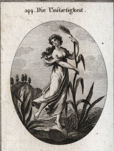 Alegoría de la inestabilidad agitada por el viento. Se apoya con ambas manos en una caña frágil y solo coloca un pie sobre una bola. Grabado en "Iconologie oder Ideen aus dem Gebiete der Leidenschaften und Allegorien bildich dargestellt fur Zeichner, Mahle de Austrian School