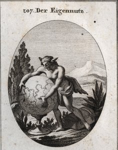 Alegoría del interés con piel de lobo. Está apretando un globo. Este emblema significa que la avaricia es propia de las personas interesadas. Grabado en "Iconologie oder Ideen aus dem Gebiete der Leidenschaften und Allegorien bildich dargestellt fur Zeichn de Austrian School