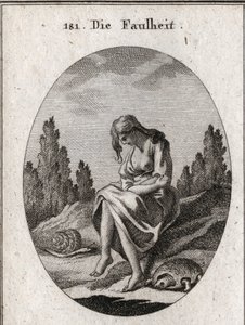 Alegoría de la pereza. Ella sostiene sus brazos cruzados. Su atributo es una tortuga y una babosa. Grabado en “Iconologie oder Ideen aus dem Gebiete der Leidenschaften und Allegorien bildich dargestellt fur Zeichner, Mahler, Dichter, Gelehrte, Erzieher und