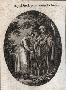 Alegoría del amor por la vida. Una anciana llama a la muerte para que la ayude a poner sus bancos de madera en su cabeza. Grabado en “Iconologie oder Ideen aus dem Gebiete der Leidenschaften und Allegorien bildich dargestellt fur Zeichner, Mahler, Dichter, de Austrian School