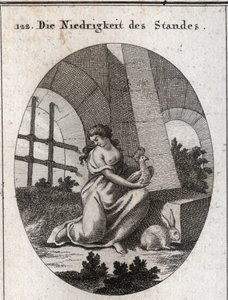Alegoría de la bajeza (o abyección). Sus atributos son la abubilla que se alimenta de excrementos y el conejo que es un animal tímido. Grabado en “Iconologie oder Ideen aus dem Gebiete der Leidenschaften und Allegorien bildich dargestellt fur Zeichner, Mah de Austrian School
