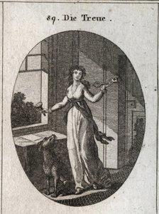 Alegoría de la lealtad cuyos símbolos son la llave, el sello y el perro. Grabado en "Iconologie oder Ideen aus dem Gebiete der Leidenschaften und Allegorien bildich dargestellt fur Zeichner, Mahler, Dichter, Gelehrte, Erzieher und freunde Hoherer Geschmack de Austrian School