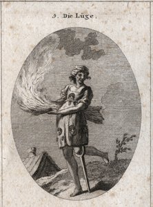 Alegoría de la mentira representa fealdad, mal cabello y malas ropas. Su vestimenta está llena de lenguas y máscaras. La paja ardiente ilustra la falta de subsistencia de sus palabras y la pierna de madera, la poca solidez. Grabado en 