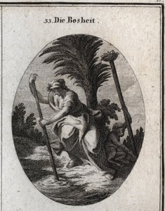 Alegoría de la malignidad. Ella sostiene un palo con el que está perturbando el agua del estanque. El mono, su atributo, desarraiga una estaca para derribar el nido de pájaros que está en la cima. Grabado en "Iconologie oder Ideen aus dem Gebiete der Leide de Austrian School