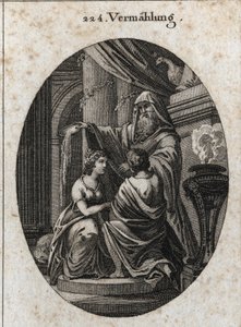 Alegoría del matrimonio: el sacerdote arroja el fiel de los animales detrás del altar para mostrar que no hay amargura en el matrimonio. Grabado en “Iconologie oder Ideen aus dem Gebiete der Leidenschaften und Allegorien bildich dargestellt fur Zeichner, M de Austrian School