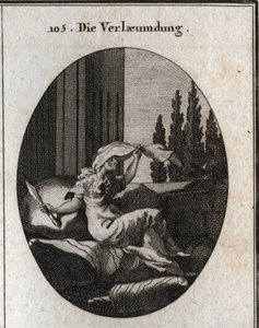 Alegoría de la calumnia representada por una anciana ociosa y suave sentada en cojines. El velo indica que se está escondiendo, su lengua es bífida y sostiene un cuchillo de doble filo. Su pequeño abrigo está hecho de piel de erizo adornada con puntas de h de Austrian School