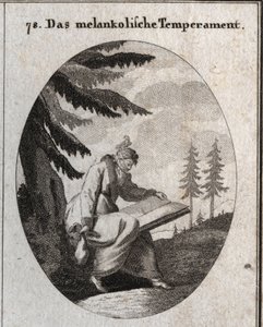 Alegoría del temperamento melancólico. Él sostiene un libro y una bolsa y su boca está cerrada con una venda. Un pájaro se sienta en su cabeza. Grabado en "Iconologie oder Ideen aus dem Gebiete der Leidenschaften und Allegorien bildich dargestellt fur Zeic de Austrian School