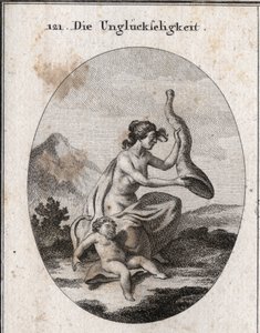 Alegoría de la desgracia representada escasa y extensa. Sus atributos son un cuerno de la abundancia que sacude y está vacío, y un niño muriendo de hambre. Grabado en “Iconologie oder Ideen aus dem Gebiete der Leidenschaften und Allegorien” de Austrian School