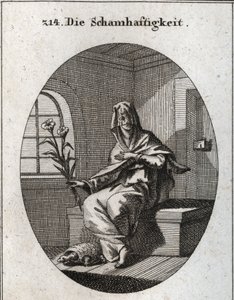 Alegoría de la modestia. Su símbolo es una rama de lirios y una tortuga que significa que las mujeres modestas deben estar alejadas de sus hogares. Su rostro está cubierto por un velo. Grabado en “Iconologie oder Ideen aus dem Gebiete der Leidenschaften un de Austrian School