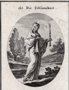 Alegoría de la modestia. Ella sostiene un cetro sobre el cual hay un ojo que significa que la modestia debe ser previsora consigo misma. Grabado en “Iconologie oder Ideen aus dem Gebiete der Leidenschaften und Allegorien bildich dargestellt fur Zeichner, M