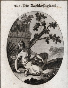 Alegoría de la negligencia. Ella sostiene un reloj con un reloj de arena volcado. La tortuga es el emblema de la lentitud. Grabado en “Iconologie oder Ideen aus dem Gebiete der Leidenschaften und Allegorien bildich dargestellt fur Zeichner, Mahler, Dichter