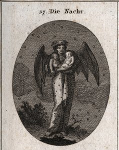 Alegoría de la noche representada con alas de murciélago. Sostiene a dos niños dormidos, uno blanco y el otro negro (sueño y pesadilla). Grabado en “Iconologie oder Ideen aus dem Gebiete der Leidenschaften und Allegorien bildich dargestellt fur Zeichner”