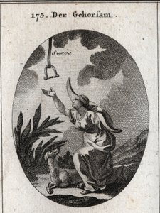 Alegoría de la obediencia. Ella lleva un yugo sobre sus hombros y avanza para recibir un freno que desciende del cielo abierto en el que se lee la palabra “suave”. El perro es su atributo. Grabado en “Iconologie oder Ideen aus dem Gebiete der Leidenschafte de Austrian School