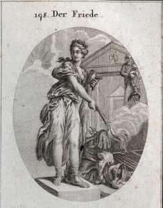 Alegoría de la paz. Ella lleva una corona de olivos y sostiene un garrote mientras quema con una antorcha un trofeo de armas. Detrás de ella, la estatua de Plutus significa que la abundancia y la riqueza son sus beneficios. Grabado en “Iconologie oder Idee