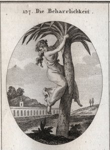 Alegoría de la perseverancia. La palmera, a la que una joven está atada, es el símbolo de la virtud. Ella mira la tierra con desdén. Grabado en 