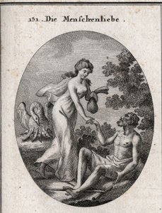 Alegoría de la filantropía. Ella sostiene una bolsa y viene a rescatar a un hombre pobre al que le tiende la mano. Su atributo es un pelícano que abre su pecho para alimentar a sus crías. Grabado en “Iconologie oder Ideen aus dem Gebiete der Leidenschaften de Austrian School