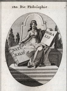 Alegoría de la filosofía sentada en un trono de mármol sobre varios escalones. Tiene un diadema dorado en la frente y sostiene dos libros abiertos “Naturalis” (Naturaleza) y “Moralis” (Moral). Grabado en “Iconologie oder Ideen aus dem Gebiete der Leidensch de Austrian School