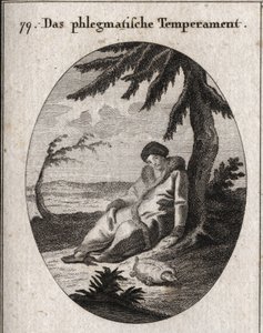 Alegoría del temperamento flemático. La tortuga es el atributo de su lentitud. Grabado en "Iconologie oder Ideen aus dem Gebiete der Leidenschaften und Allegorien"