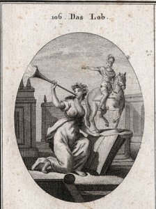 Alegoría del elogio sosteniendo un libro para mostrar que pasa a la posteridad a través de la ayuda de las escrituras. Suena una trompeta de la que sale el resplandor de la fama. La estatua ecuestre está allí para el elogio de los héroes. Grabado en “Icono de Austrian School