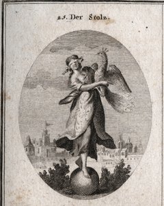 Alegoría del orgullo representada por una joven con una venda en los ojos colocada sobre una bola emblema de su poca solidez. El pavo real simboliza el espíritu soberbio. La rica vestimenta cubre sus pobres ropas para mostrar el exterior. Grabado en Iconol