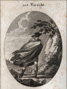 Alegoría de la providencia. Expresión: Cuando hace buen tiempo, lleva tu abrigo, cuando llueve, llévalo, si quieres. Grabado en “Iconologie oder Ideen aus dem Gebiete der Leidenschaften und Allegorien bildich dargestellt fur Zeichner, Mahler, Dichter, Gele de Austrian School