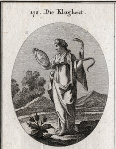 Alegoría de la prudencia, sus atributos ordinarios son el espejo y la serpiente. Tiene dos caras, una joven para la anticipación del futuro y una vieja para la consideración del pasado. Grabado en "Iconologie oder Ideen aus dem Gebiete der Leidenschaften u de Austrian School