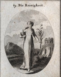 Alegoría de la pureza. Sus atributos son la paloma y el lirio, símbolos de candor. Grabado en “Iconologie oder Ideen aus dem Gebiete der Leidenschaften und Allegorien bildich dargestellt fur Zeichner, Mahler, Dichter, Gelehrte, Erzieher und freunde Hoher de Austrian School