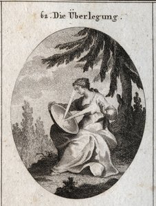 Alegoría de la reflexión. Un rayo de luz parte de su corazón, golpea el espejo en sus rodillas y refleja la luz en su frente. Grabado en “Iconologie oder Ideen aus dem Gebiete der Leidenschaften und Allegorien bildich dargestellt fur Zeichner, Mahler, Dich