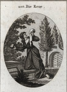 Alegoría del arrepentimiento representada con una rodilla en una tumba. Sostiene con una mano un pañuelo y con la otra una piedra con la que golpea su pecho. Grabado en “Iconologie oder Ideen aus dem Gebiete der Leidenschaften und Allegorien bildich darges de Austrian School