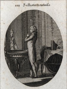 Alegoría del autoconocimiento. Un joven se enfrenta a un espejo. Grabado en "Iconologie oder Ideen aus dem Gebiete der Leidenschaften und Allegorien bildich dargestellt fur Zeichner, Mahler, Dichter, Gelehrte, Erzieher und freunde Hoherer Geschmacksbildung de Austrian School